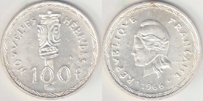 1966 New Hebrides silver 100 Francs (Unc) A003609